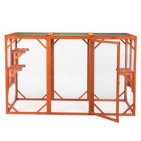 HKM-776339 Wooden Outdoor Cat House with Waterproof Asphalt Board and Spacious Cat Cage, Orange