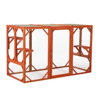 HKM-776339 Wooden Outdoor Cat House with Waterproof Asphalt Board and Spacious Cat Cage, Orange