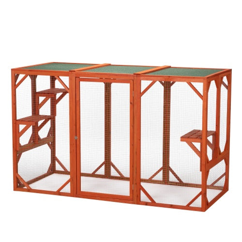 HKM-776339 Wooden Outdoor Cat House with Waterproof Asphalt Board and Spacious Cat Cage, Orange