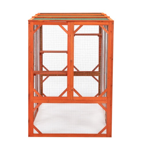 HKM-776339 Wooden Outdoor Cat House with Waterproof Asphalt Board and Spacious Cat Cage, Orange