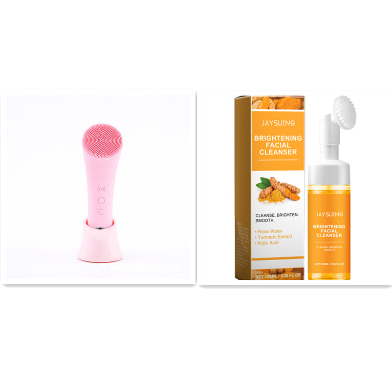 HKM-410387 Electric Pink Silicone Facial Cleansing Brush with Vibration and Heating Features