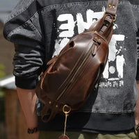 HKM-484435 Handmade Genuine Leather Men's Crossbody Chest Bag in Brown/Black/Coffee