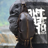 HKM-484435 Handmade Genuine Leather Men's Crossbody Chest Bag in Brown/Black/Coffee