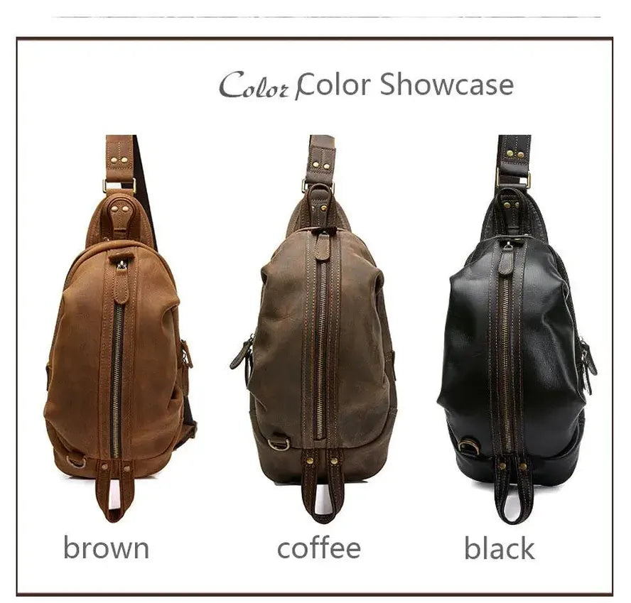 HKM-484435 Handmade Genuine Leather Men's Crossbody Chest Bag in Brown/Black/Coffee