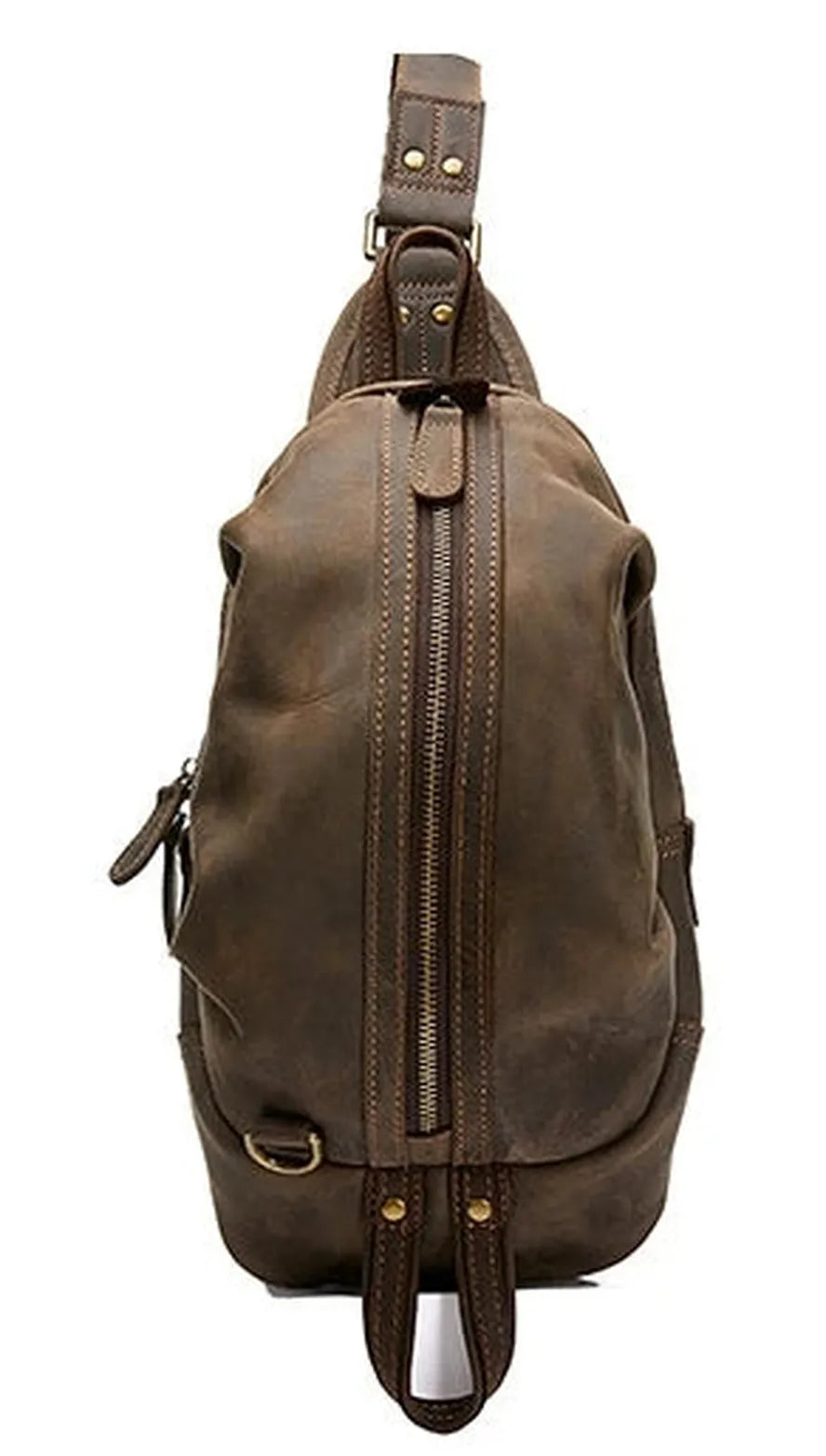 HKM-484435 Handmade Genuine Leather Men's Crossbody Chest Bag in Brown/Black/Coffee