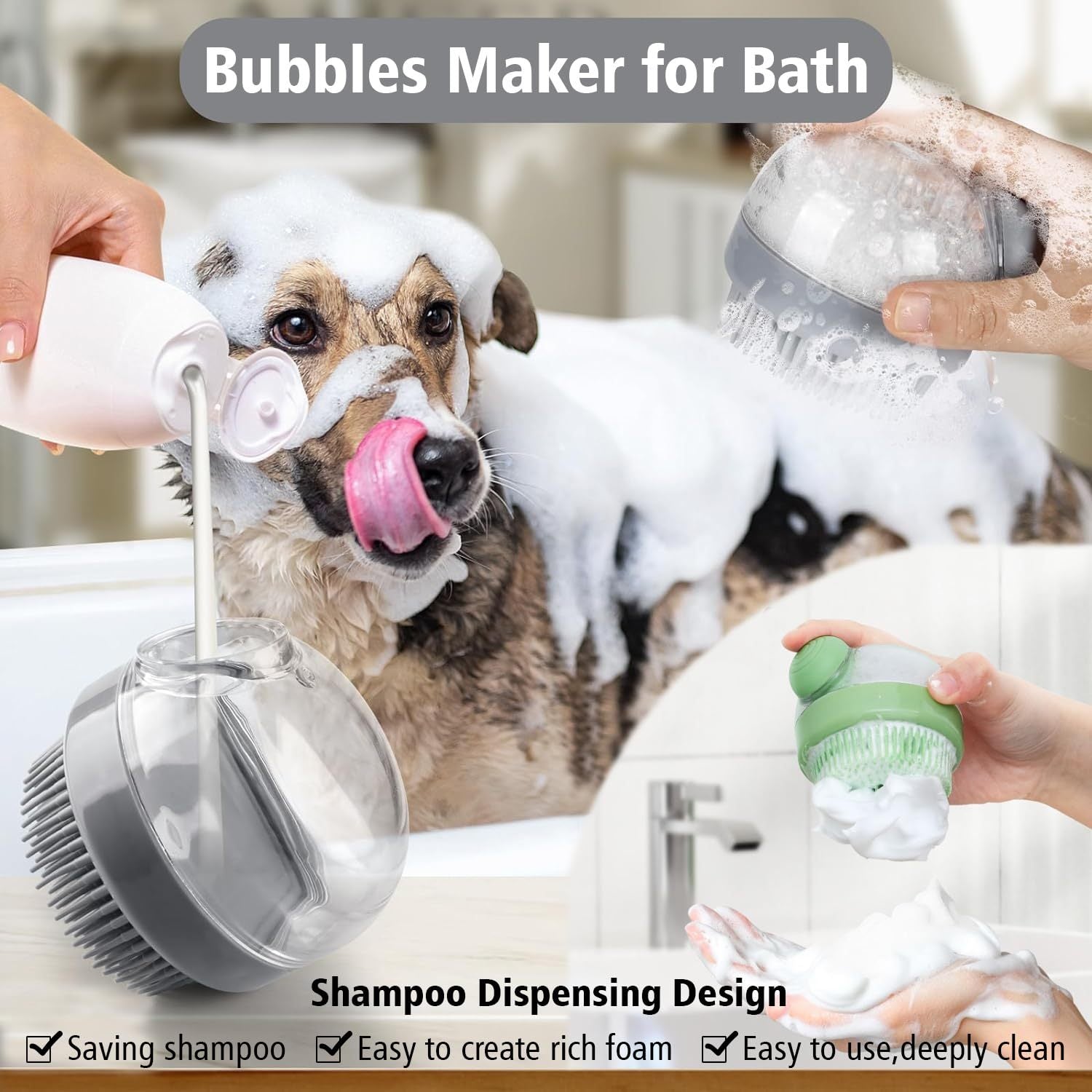 HKM-072147 Silicone Bristle Dog Grooming Brush with Soap Dispenser - Pink, Ideal for Convenient Bathing and Gentle Massaging