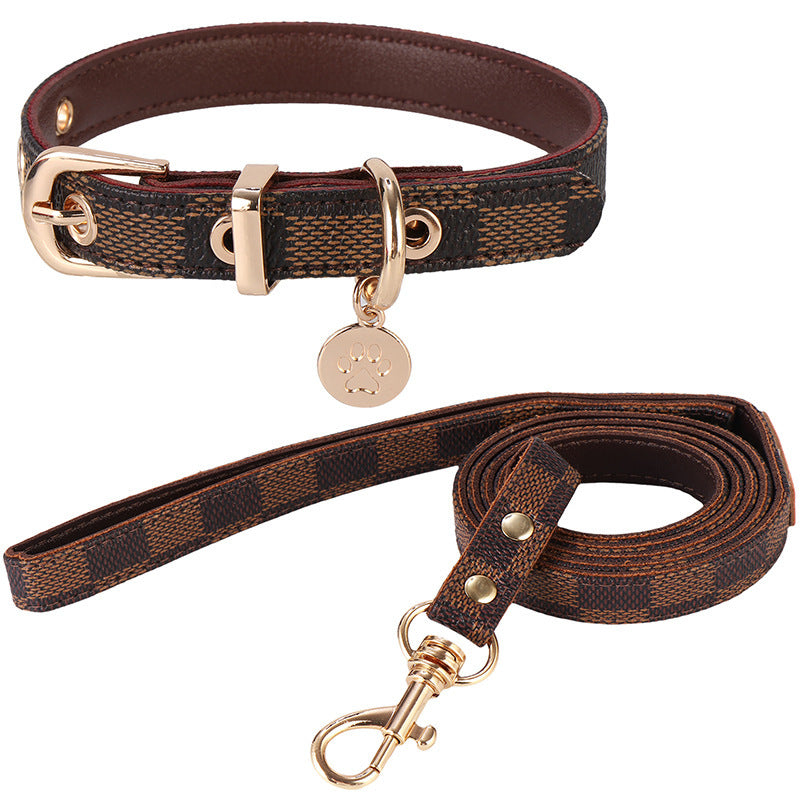 HKM-825619 Leather Flower Pattern Collar and Leash Set for Small Pets - Versatile for All Seasons and Occasions