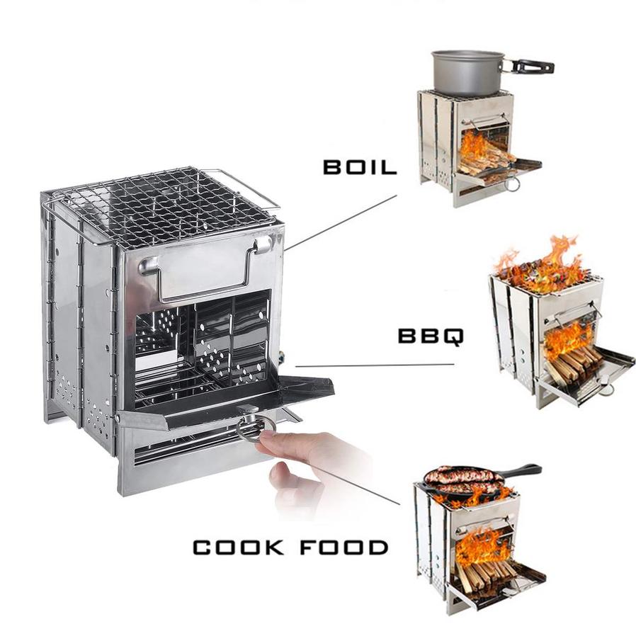 HKM-038355 Adjustable Folding Wood Stove for Camping, Outdoor Cooking and BBQ