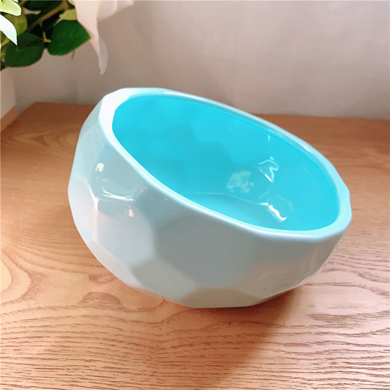 HKM-798739 Ceramic Pet Bowl with Oblique Mouth Design - Large Capacity Water and Rice Bowl in Pink, White, and Blue