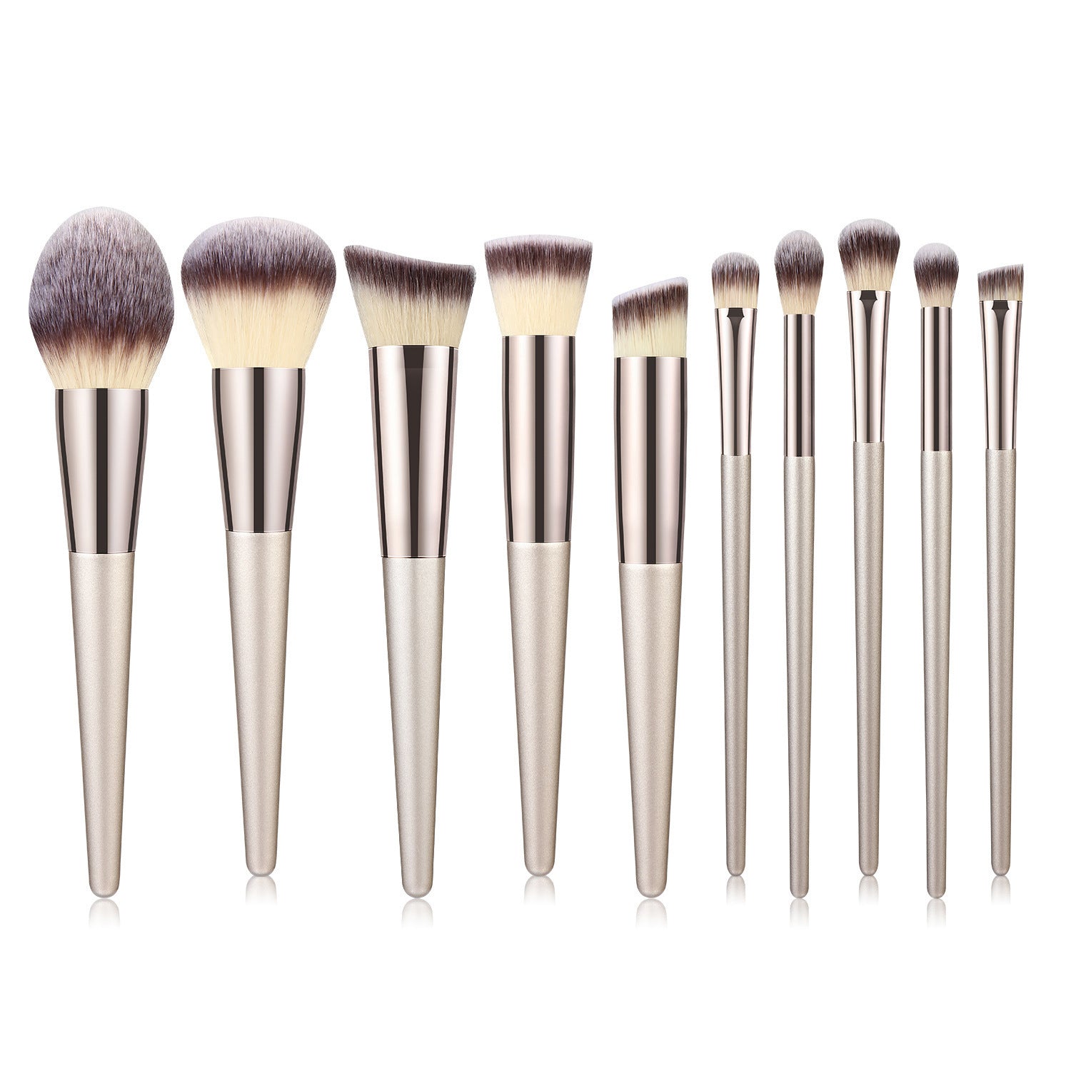 HKM-038739 Champagne Gold Wooden Handle Makeup Brush Set - 7, 9, or 10 Brushes Available