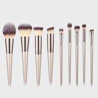 HKM-038739 Champagne Gold Wooden Handle Makeup Brush Set - 7, 9, or 10 Brushes Available