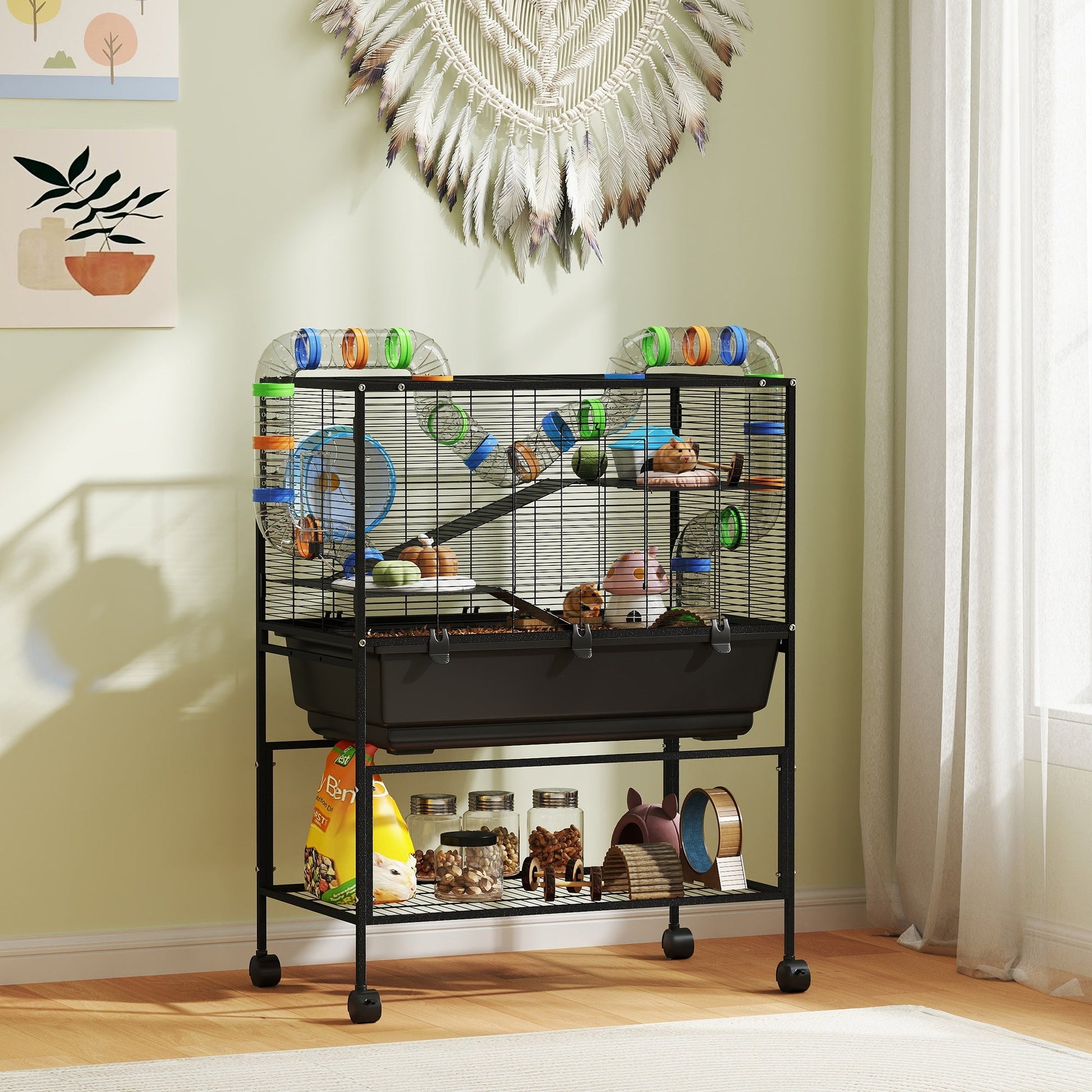 HKM-694995 3-Tier Hamster Cage with Deep Tray, Storage Solutions, Exercise Wheel, Hut, and Tube System