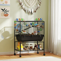 HKM-694995 3-Tier Hamster Cage with Deep Tray, Storage Solutions, Exercise Wheel, Hut, and Tube System