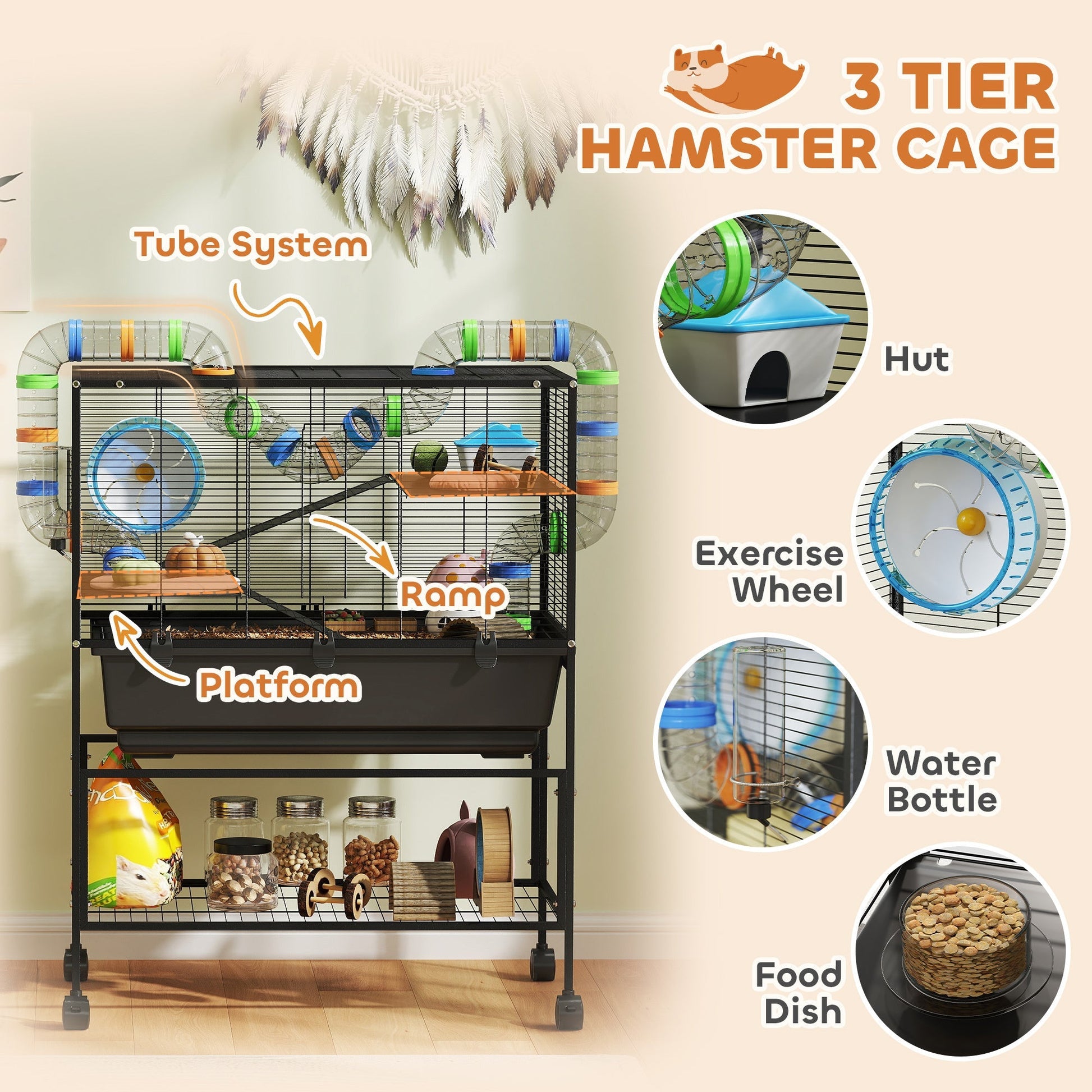 HKM-694995 3-Tier Hamster Cage with Deep Tray, Storage Solutions, Exercise Wheel, Hut, and Tube System