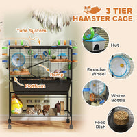 HKM-694995 3-Tier Hamster Cage with Deep Tray, Storage Solutions, Exercise Wheel, Hut, and Tube System