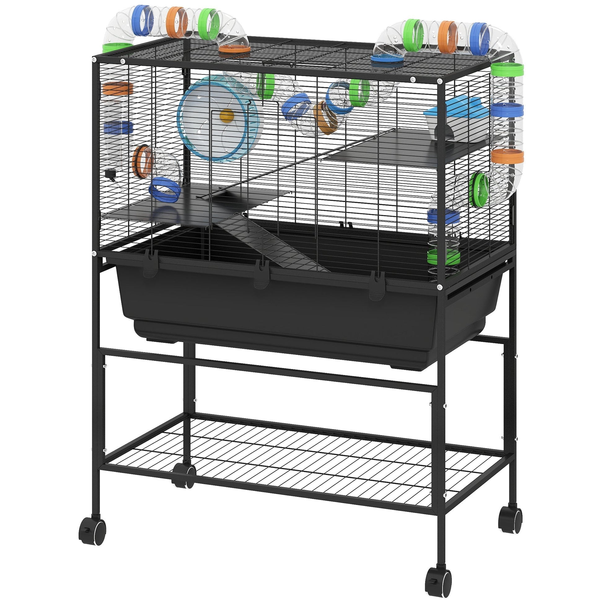 HKM-694995 3-Tier Hamster Cage with Deep Tray, Storage Solutions, Exercise Wheel, Hut, and Tube System