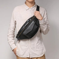 HKM-058451 Men's Genuine Leather Chest Bag in Heavyweight Waxed Canvas - Crossbody Fanny Pack with Large Capacity