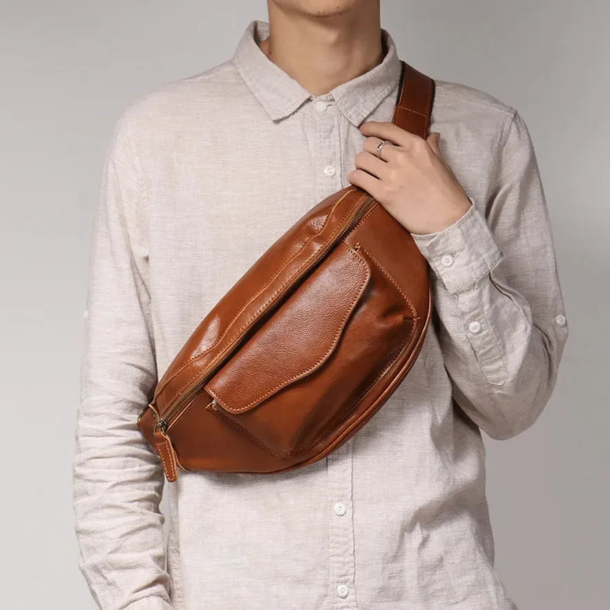 HKM-058451 Men's Genuine Leather Chest Bag in Heavyweight Waxed Canvas - Crossbody Fanny Pack with Large Capacity