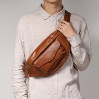HKM-058451 Men's Genuine Leather Chest Bag in Heavyweight Waxed Canvas - Crossbody Fanny Pack with Large Capacity