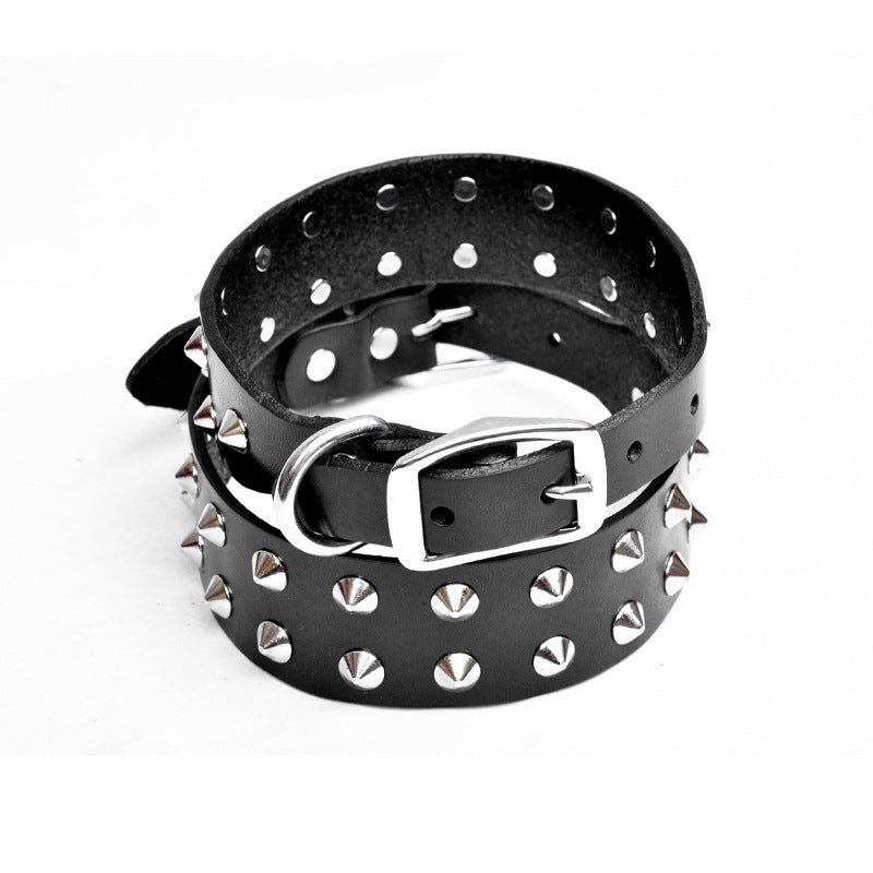HKM-274003 Cowhide Diamond Point Dog Collar with Alloy Buckle - Anti-Bite Neckband in Black and Red-Brown