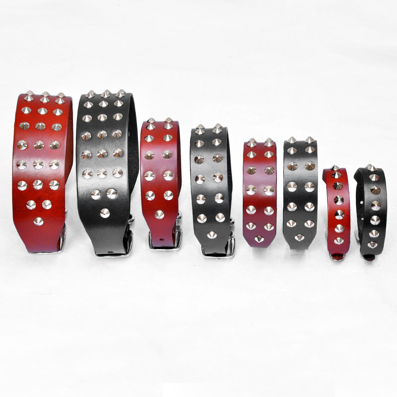 HKM-274003 Cowhide Diamond Point Dog Collar with Alloy Buckle - Anti-Bite Neckband in Black and Red-Brown