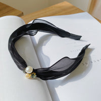 HKM-181331 Mori Organza Pearl Bowknot Headband for Women - Elegant Hair Accessory in Black and Champagne