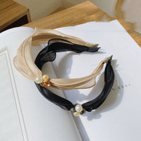 HKM-181331 Mori Organza Pearl Bowknot Headband for Women - Elegant Hair Accessory in Black and Champagne