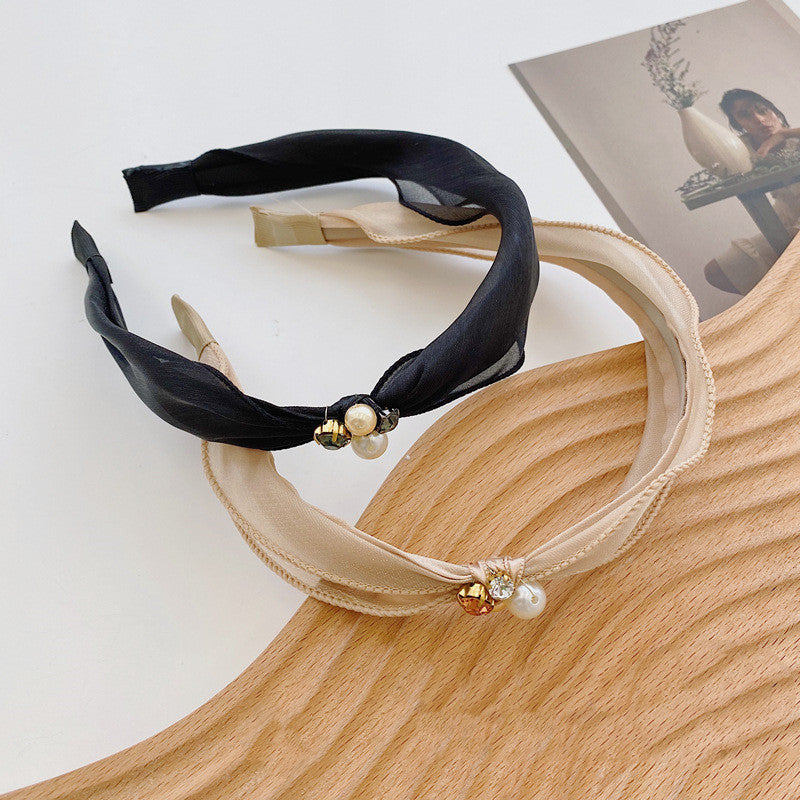 HKM-181331 Mori Organza Pearl Bowknot Headband for Women - Elegant Hair Accessory in Black and Champagne