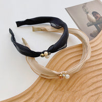 HKM-181331 Mori Organza Pearl Bowknot Headband for Women - Elegant Hair Accessory in Black and Champagne