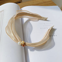 HKM-181331 Mori Organza Pearl Bowknot Headband for Women - Elegant Hair Accessory in Black and Champagne