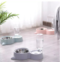 HKM-371603 Automatic Double Bowl Pet Feeder with Water Dispenser and Tilted Design for Dogs