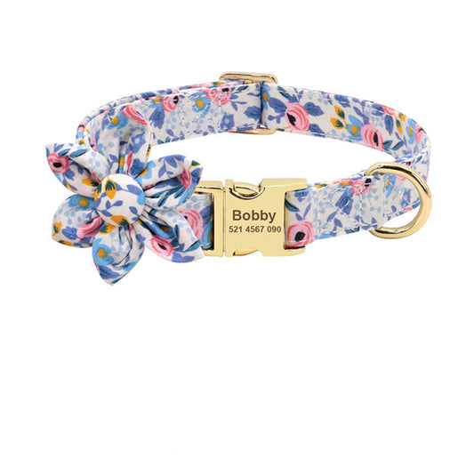 HKM-050067 Personalized Nylon Dog Collar with Floral Design and Engraved ID Tag for Small, Medium, and Large Pets