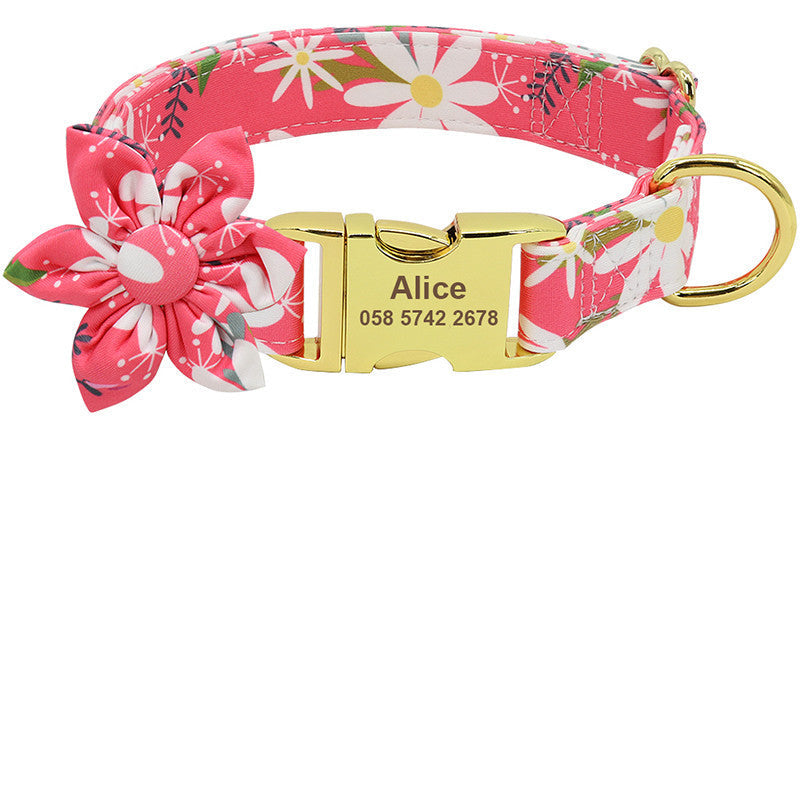 HKM-050067 Personalized Nylon Dog Collar with Floral Design and Engraved ID Tag for Small, Medium, and Large Pets