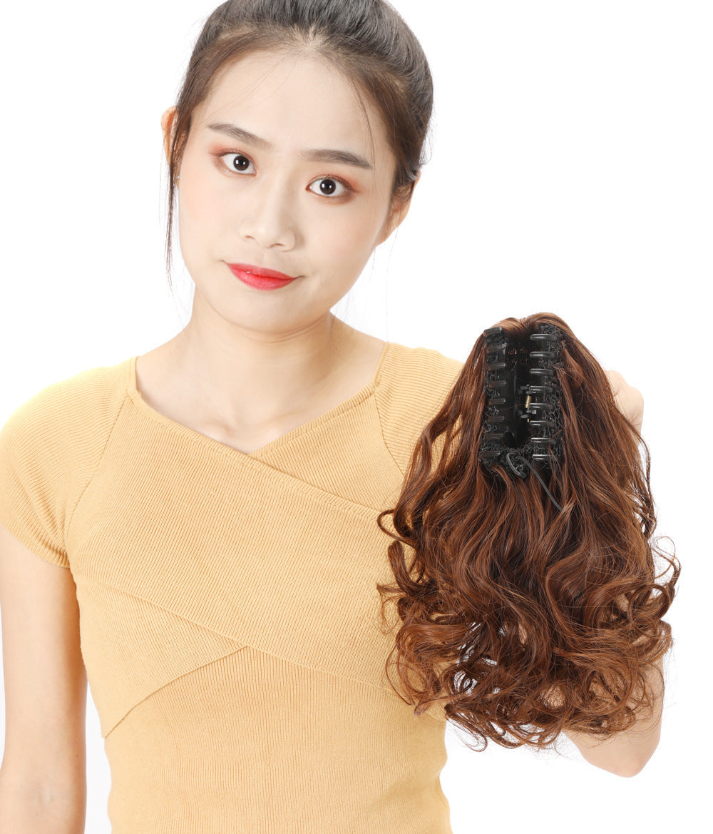 HKM-945043 Short Curly Hair Claw Clip Ponytail with Realistic Pear Flower Design in Various Colors