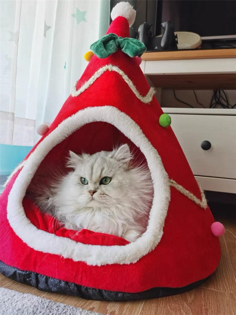 HKM-069779 Cozy Christmas Tree Dog House with Removable Cushion - Pet Tent for Dogs and Cats