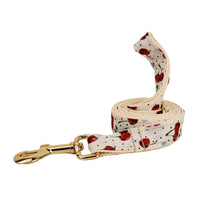 HKM-997523 Red Cherry Patterned Pet Collar and Leash Set with Bow, Lightweight Gold Buckle, Includes Bowtie and Poop Bag