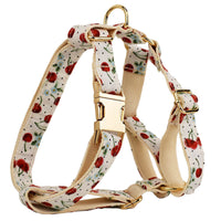 HKM-997523 Red Cherry Patterned Pet Collar and Leash Set with Bow, Lightweight Gold Buckle, Includes Bowtie and Poop Bag