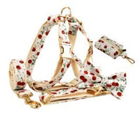 HKM-997523 Red Cherry Patterned Pet Collar and Leash Set with Bow, Lightweight Gold Buckle, Includes Bowtie and Poop Bag