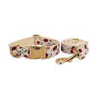 HKM-997523 Red Cherry Patterned Pet Collar and Leash Set with Bow, Lightweight Gold Buckle, Includes Bowtie and Poop Bag