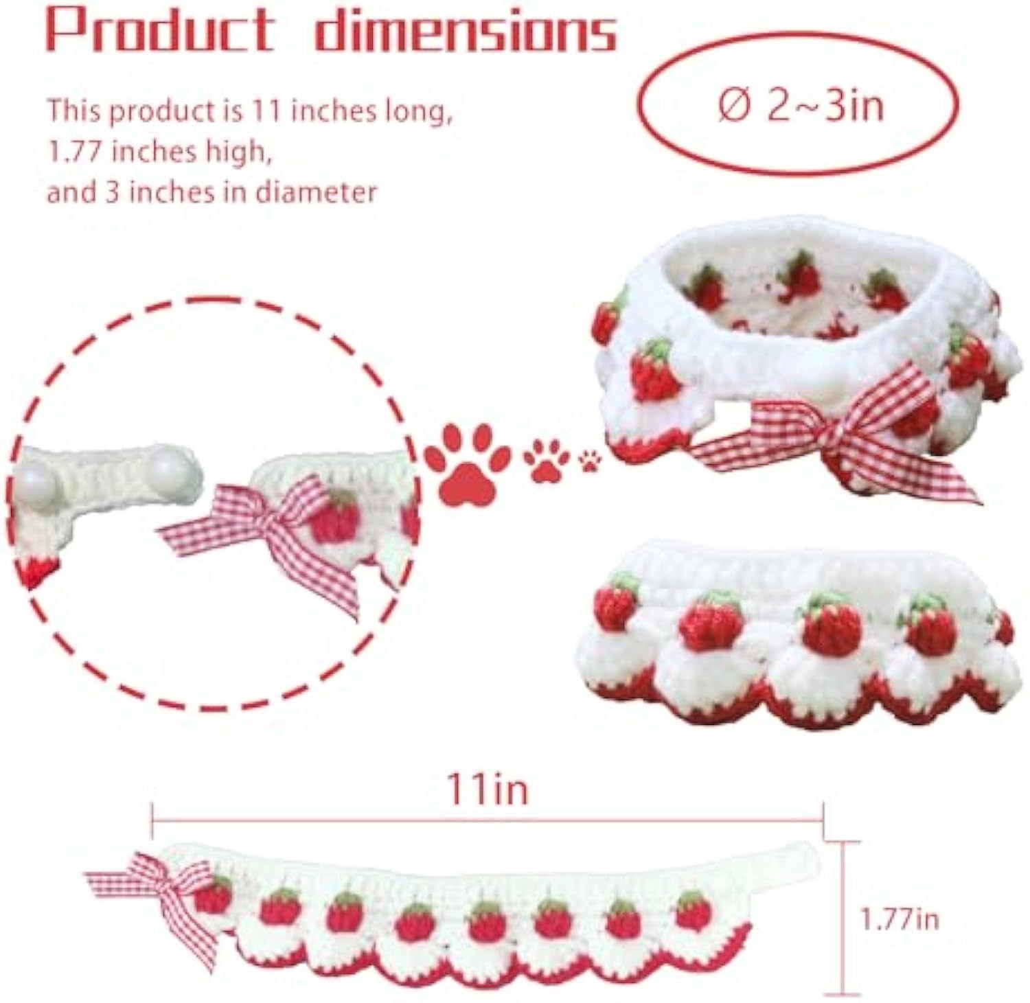 HKM-652563 Strawberry Print Cat Collar with Breakaway Buckle and Bow Tie for Kittens and Small Dogs