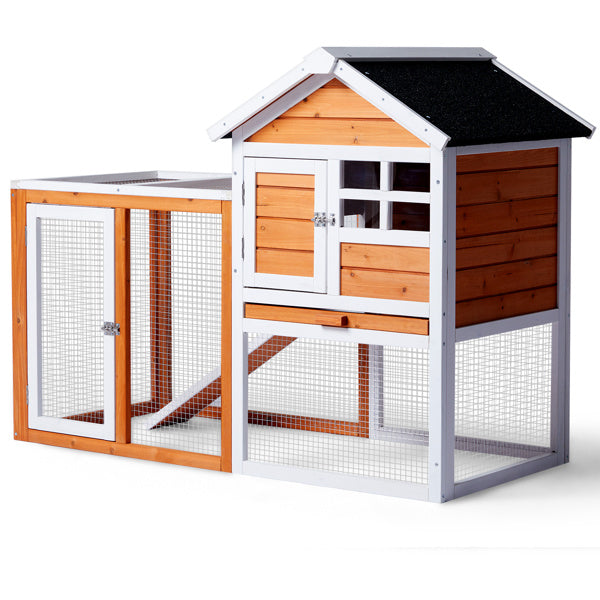 HKM-710803 Wooden Rabbit Hutch with Run and Removable Upper Tray for Small Pets - Waterproof Roof and Secure Access Doors