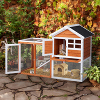 HKM-710803 Wooden Rabbit Hutch with Run and Removable Upper Tray for Small Pets - Waterproof Roof and Secure Access Doors