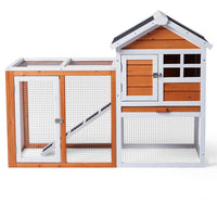HKM-710803 Wooden Rabbit Hutch with Run and Removable Upper Tray for Small Pets - Waterproof Roof and Secure Access Doors