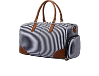 HKM-122387 Large Capacity Striped Canvas Travel Handbag with Leather Accents - Durable Shoulder Messenger Bag for Women