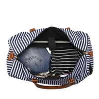 HKM-122387 Large Capacity Striped Canvas Travel Handbag with Leather Accents - Durable Shoulder Messenger Bag for Women