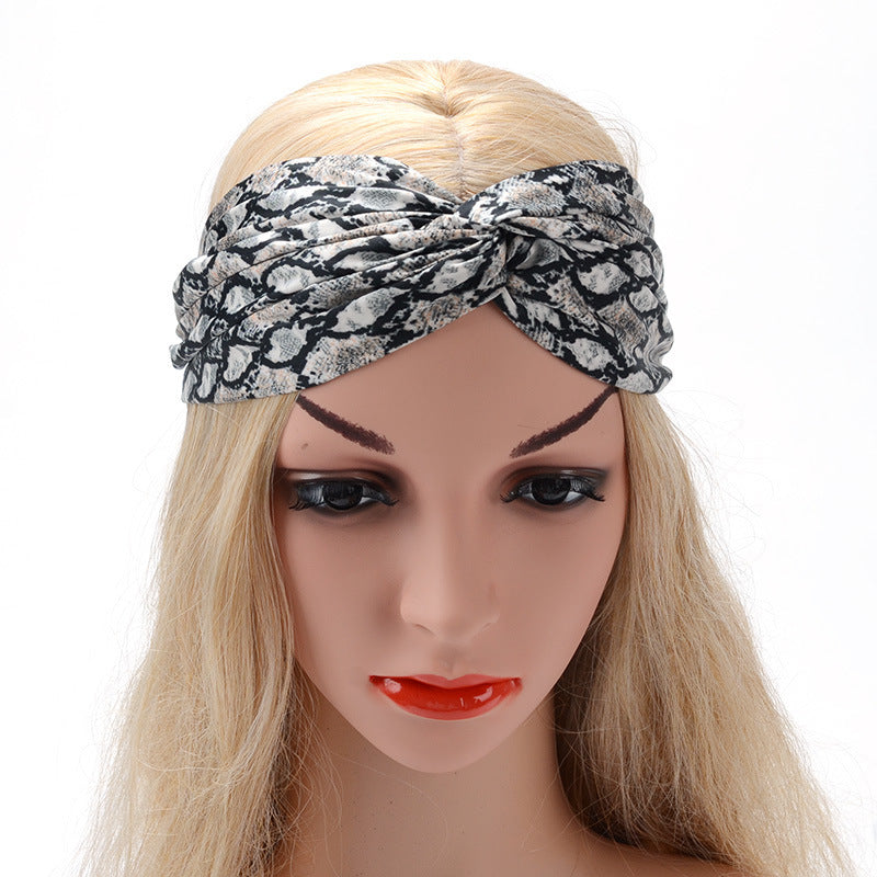 HKM-166675 Satin Leopard & Snake Print Cross Hair Band - 25.5CM Length, 14.5CM Width