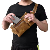 HKM-139795 Retro Crazy Horse Leather Chest Bag - Men's Lightweight Waterproof Messenger Bag in Ranger Tan