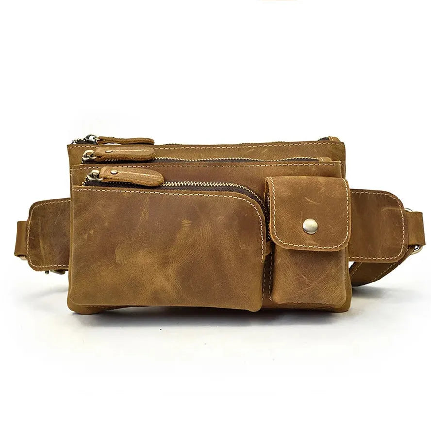 HKM-139795 Retro Crazy Horse Leather Chest Bag - Men's Lightweight Waterproof Messenger Bag in Ranger Tan