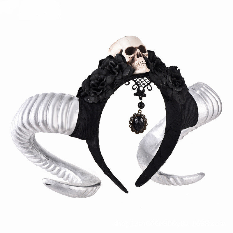 HKM-771155 Black Flower and Skull Headband with Sheep Horn Veil Decoration