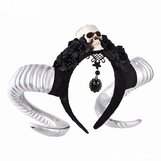 HKM-771155 Black Flower and Skull Headband with Sheep Horn Veil Decoration